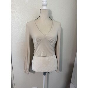 Mittoshop Beige Ribbed V-Neck Cropped Long Sleeve Top Large